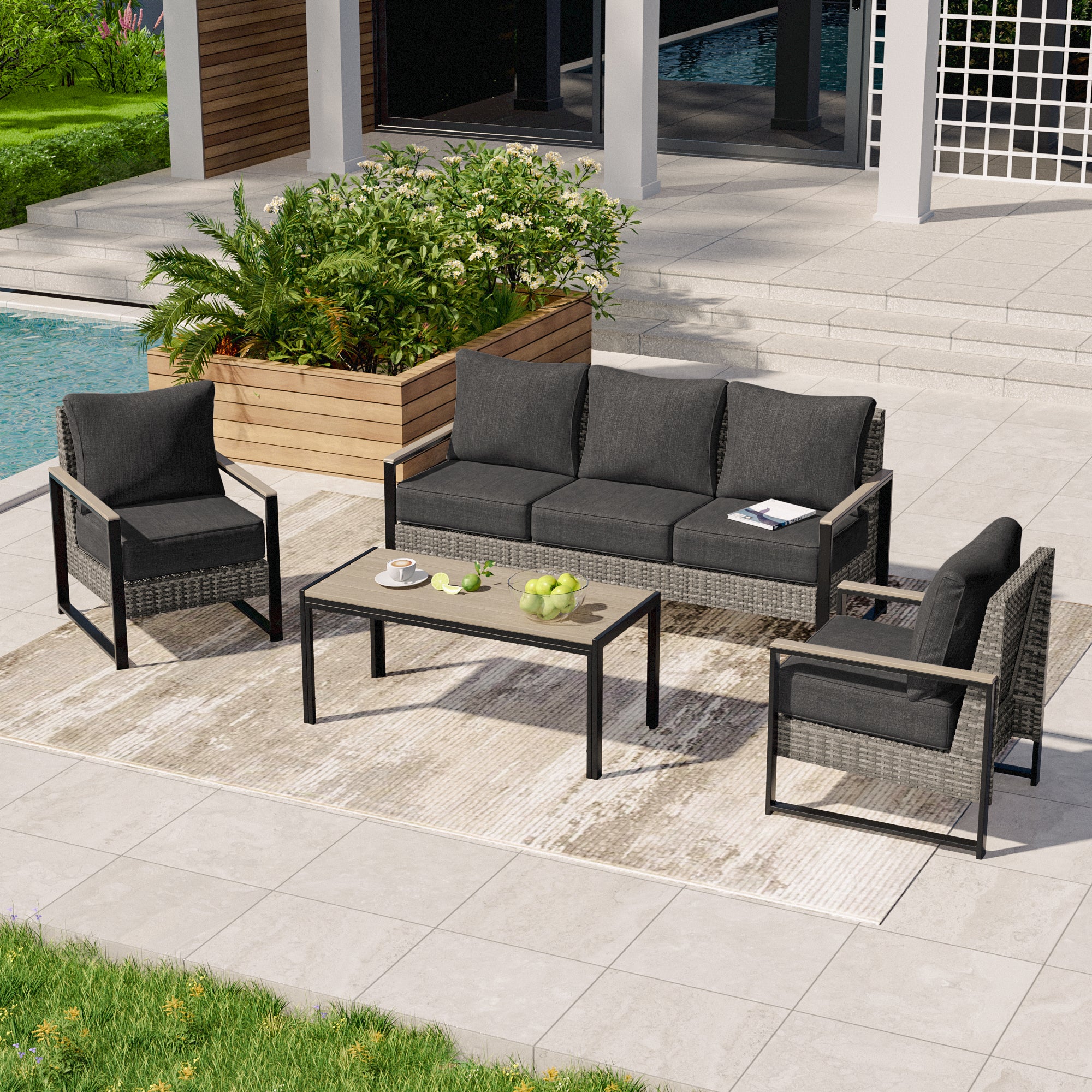 SONKUKI 4 Pieces PE Wicker Patio Set, Loveseat Sofa with Ottomans and Coffee Table, High Back Sofa Chair Design for Lawn, Patio and Porch