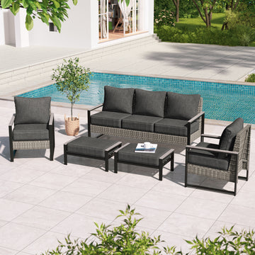 SONKUKI 5 Pieces PE Wicker Patio Sofa with Ottomans Set, Wide Armrests for Lawn, Patio and Porch, Brown