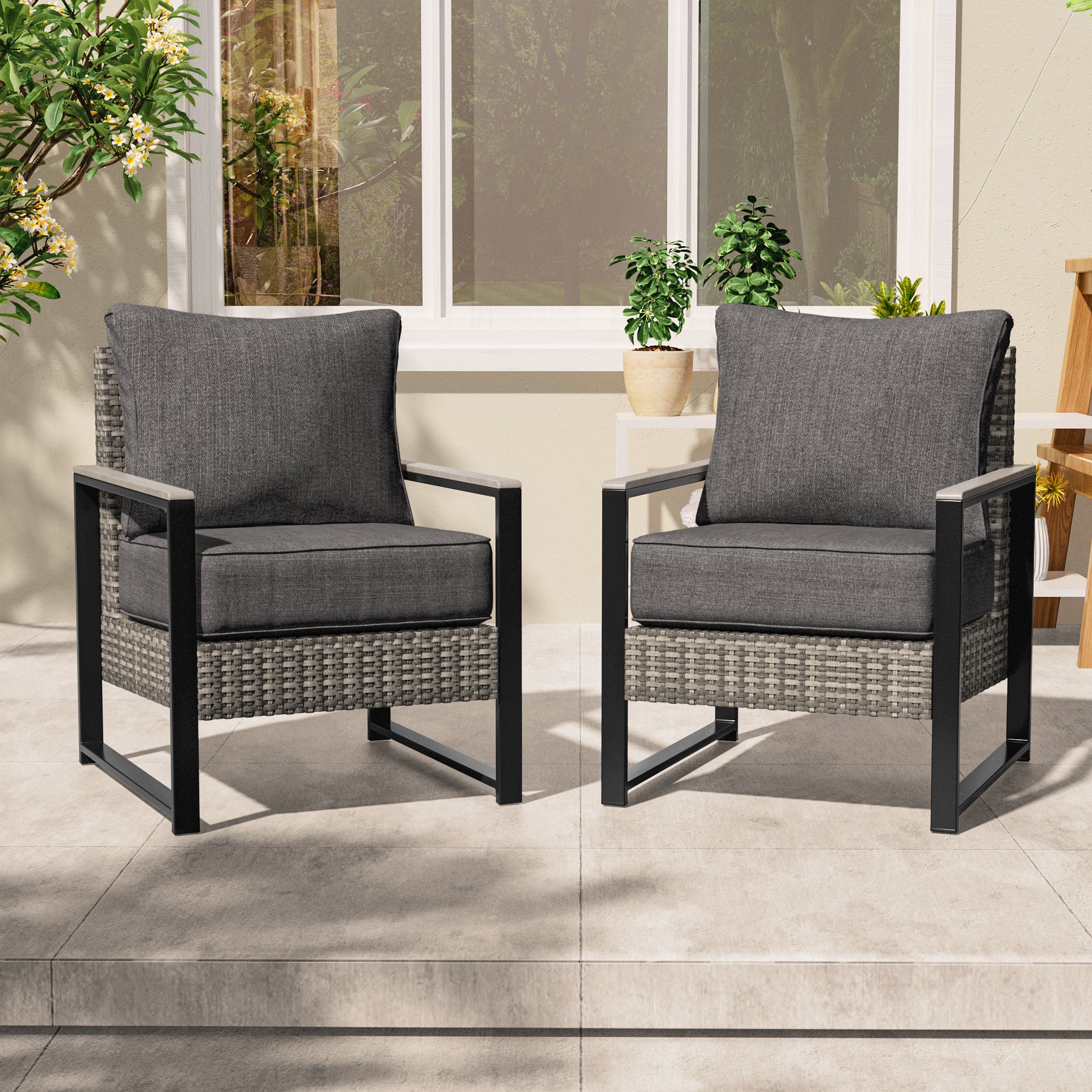 SONKUKI 2 Piece Patio Chairs Set, Wicker Chairs Set with Thick Cushions, All Weather Garden Lawn Poolside Backyard Porch Furniture Set for 2