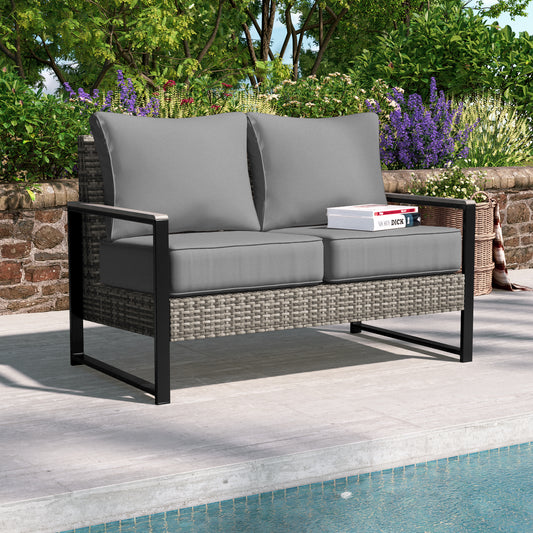 SONKUKI Patio Loveseat Sofa Outdoor Wicker Couch, 2-Seater Furniture with High Back and Removable Cushions