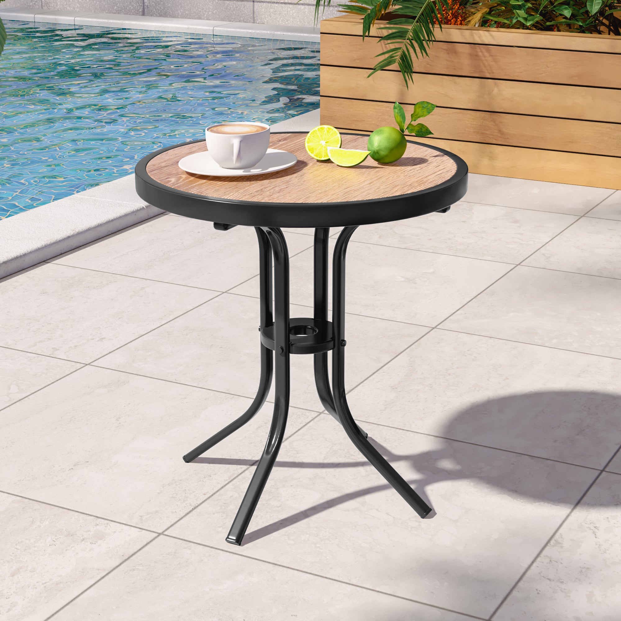 SONKUKI Patio Side table, Outdoor Metal Frame Round Table, Brown