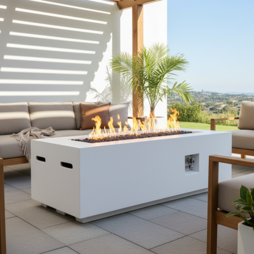 Outdoor Rectangle Propane Fire Pit Table 60inch, 60,000 BTU Concrete Fire Table with Waterproof Cover, Auto-Ignition, Free Lava Rocks,White - main product image
