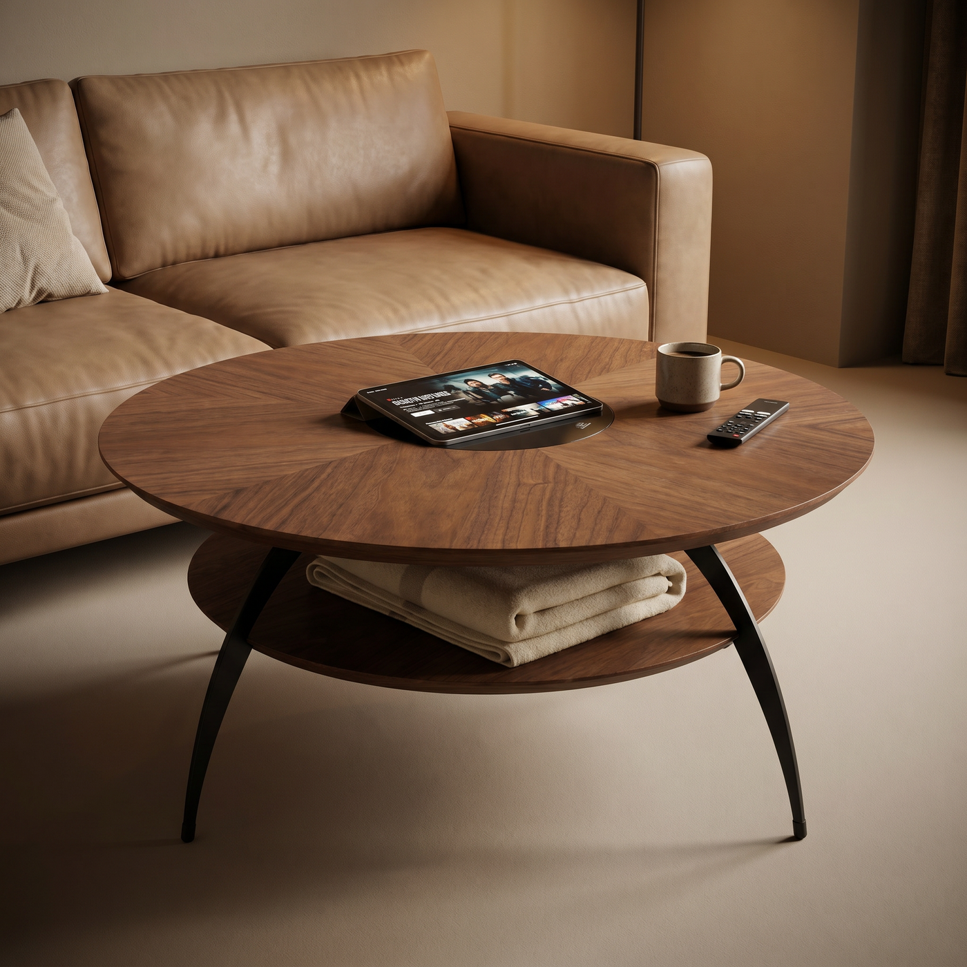 35.4-inch round coffee table with an inlaid glass top and carbon steel legs; walnut top and base - main product image