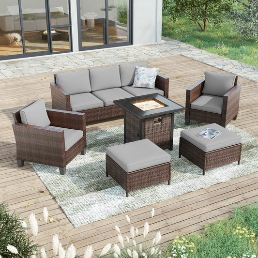 SONKUKI  6 Pieces Patio Sofa with 28'' Fire Table Set,  PE Wicker, Wide Armrests High Back Sofa Swivel Rocking Chairs, Design for Lawn, Patio and Porch