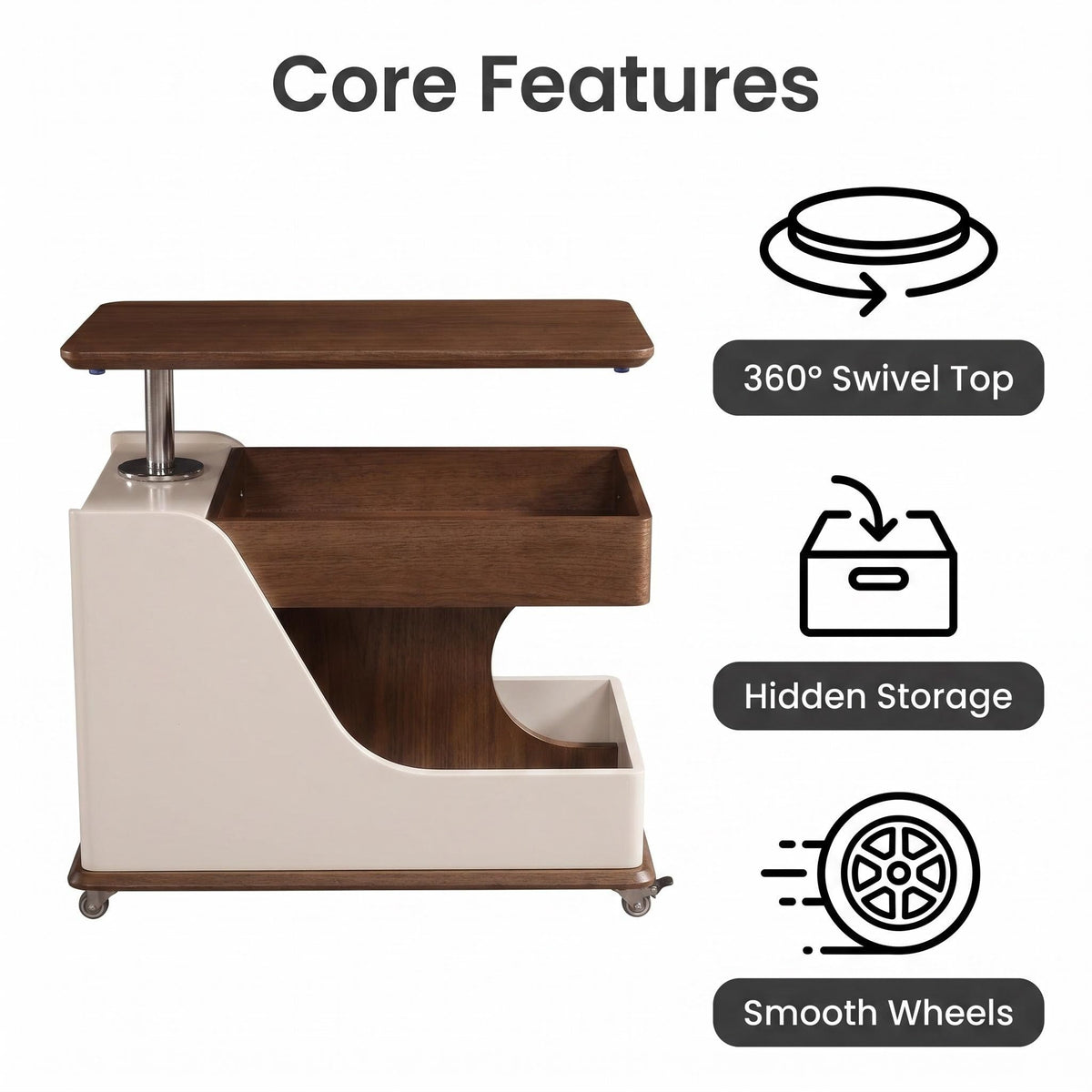 A small side table or coffee table with an adjustable height, suitable for the living room, balcony or bedroom. It is portable and features storage compartments, available in off-white and walnut. - Sonkuki