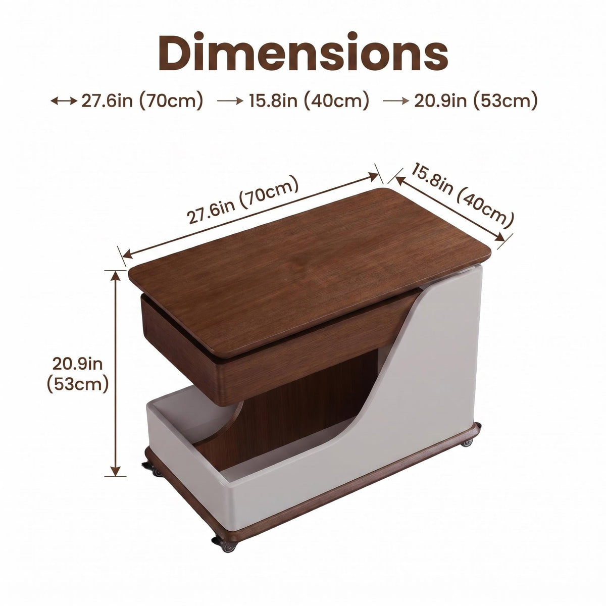 A small side table or coffee table with an adjustable height, suitable for the living room, balcony or bedroom. It is portable and features storage compartments, available in off-white and walnut. - Sonkuki