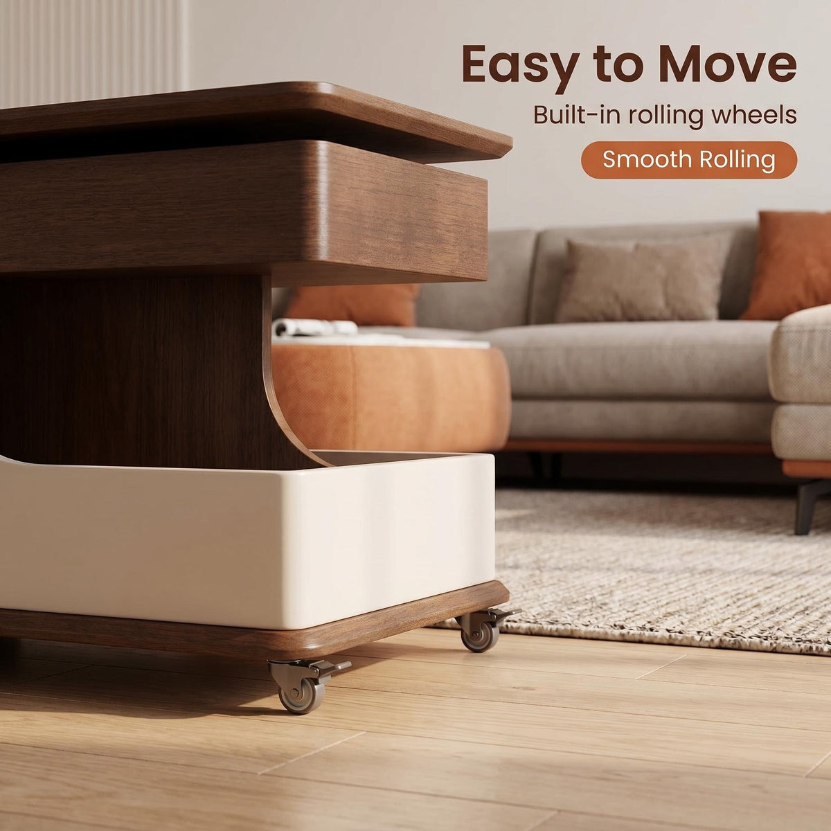 A small side table or coffee table with an adjustable height, suitable for the living room, balcony or bedroom. It is portable and features storage compartments, available in off-white and walnut. - Sonkuki