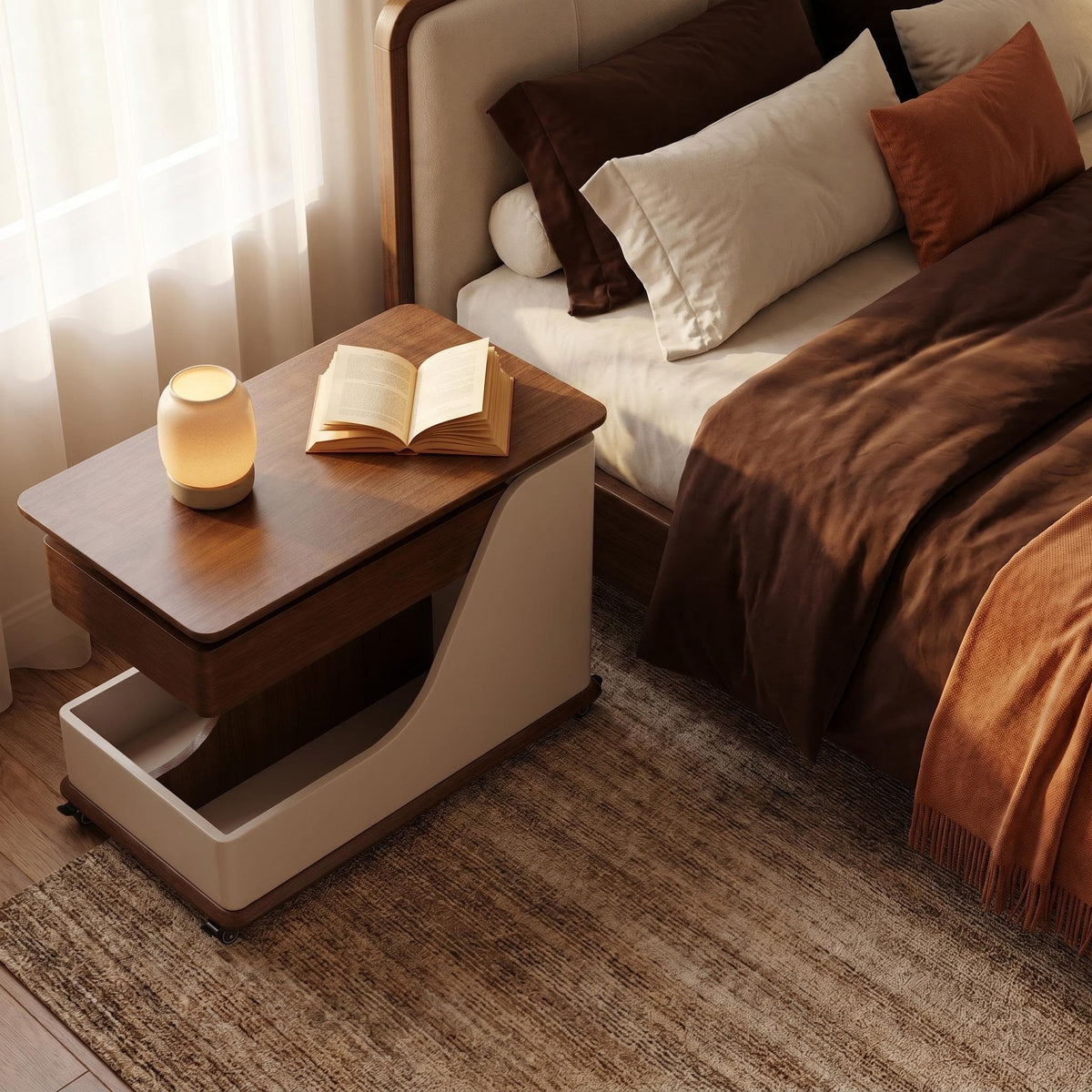 A small side table or coffee table with an adjustable height, suitable for the living room, balcony or bedroom. It is portable and features storage compartments, available in off-white and walnut. - Sonkuki
