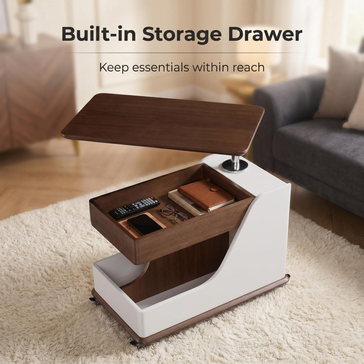 A small side table or coffee table with an adjustable height, suitable for the living room, balcony or bedroom. It is portable and features storage compartments, available in off-white and walnut. - Sonkuki