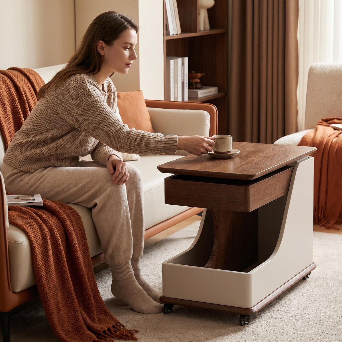 A small side table or coffee table with an adjustable height, suitable for the living room, balcony or bedroom. It is portable and features storage compartments, available in off-white and walnut. - Sonkuki