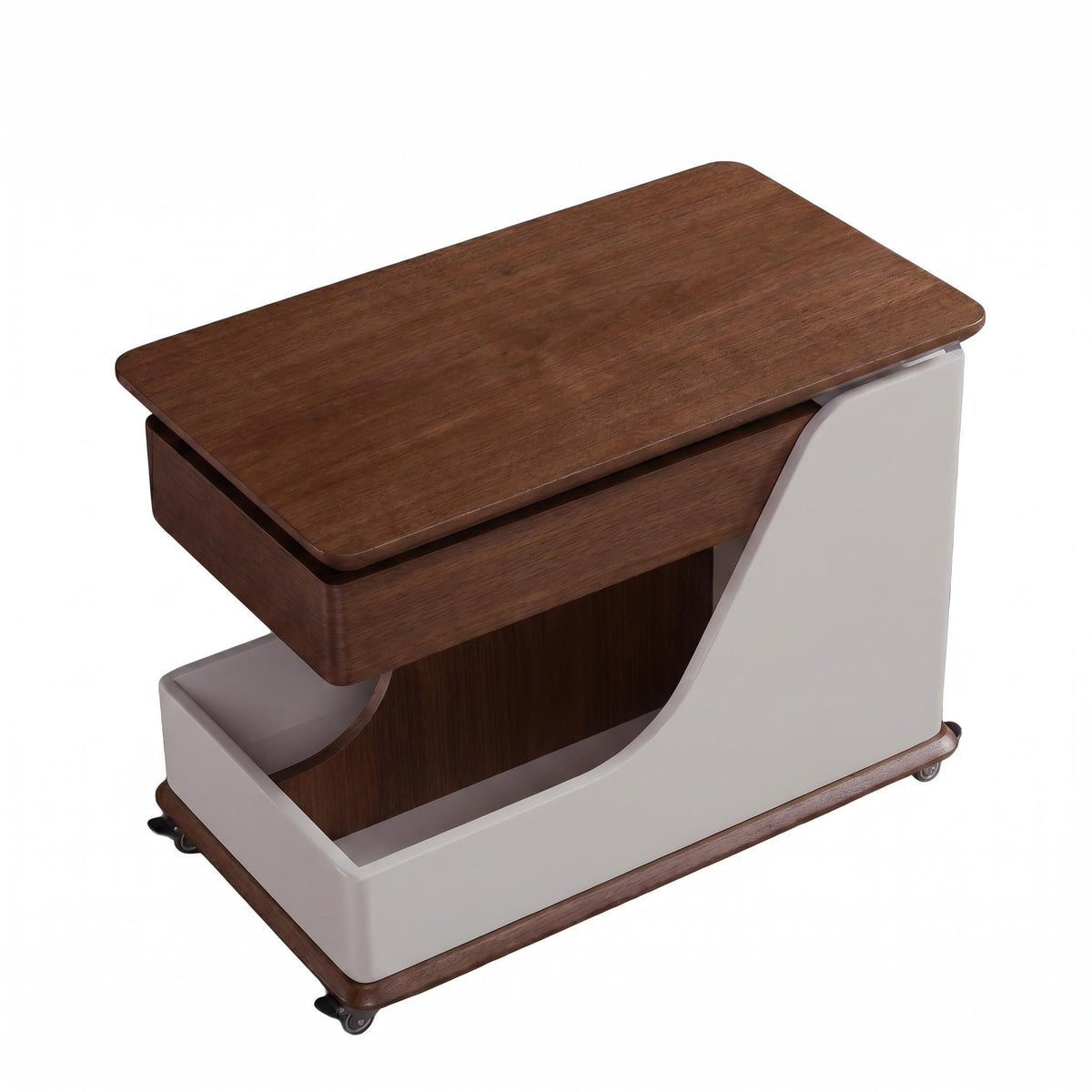A small side table or coffee table with an adjustable height, suitable for the living room, balcony or bedroom. It is portable and features storage compartments, available in off-white and walnut. - Sonkuki