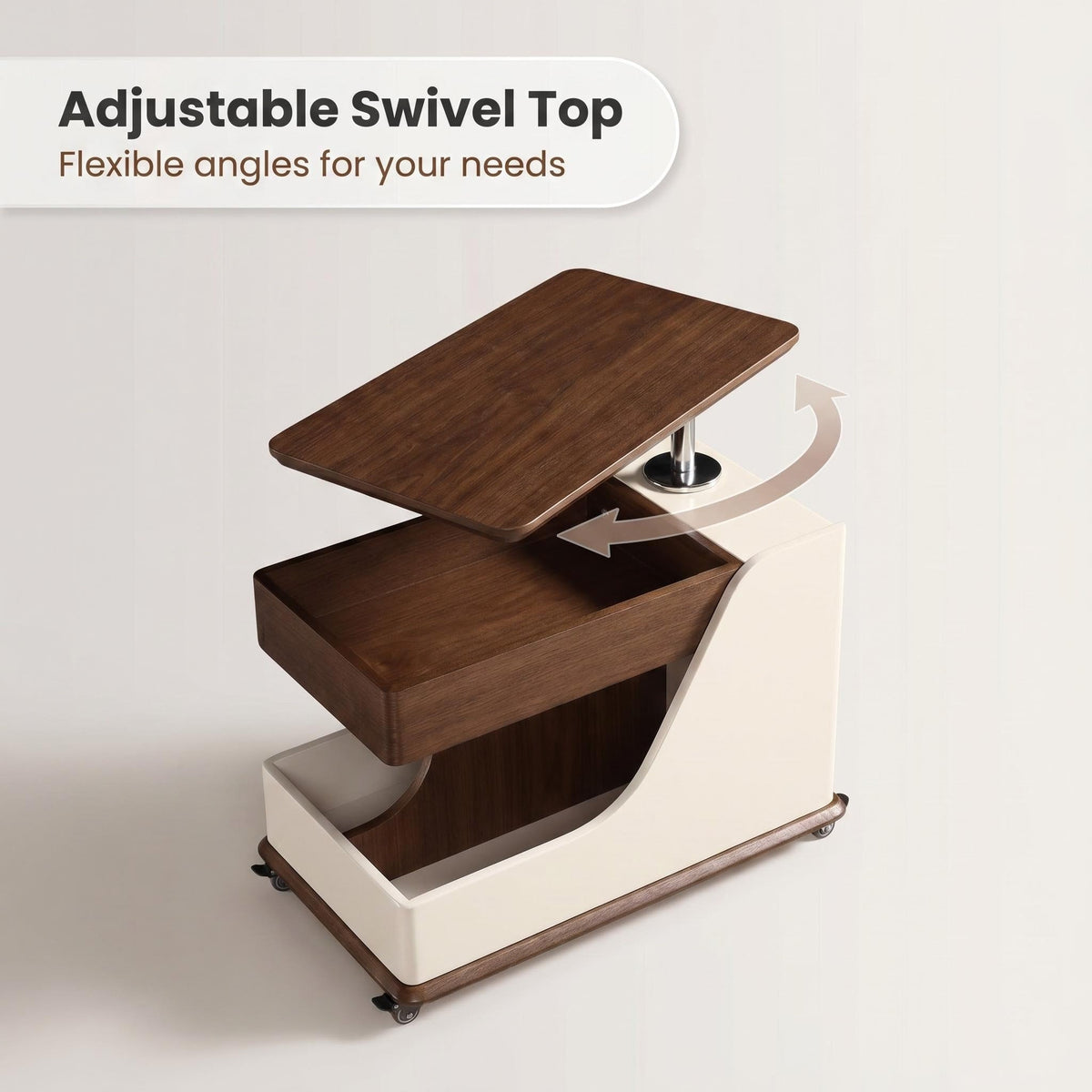 A small side table or coffee table with an adjustable height, suitable for the living room, balcony or bedroom. It is portable and features storage compartments, available in off-white and walnut. - Sonkuki