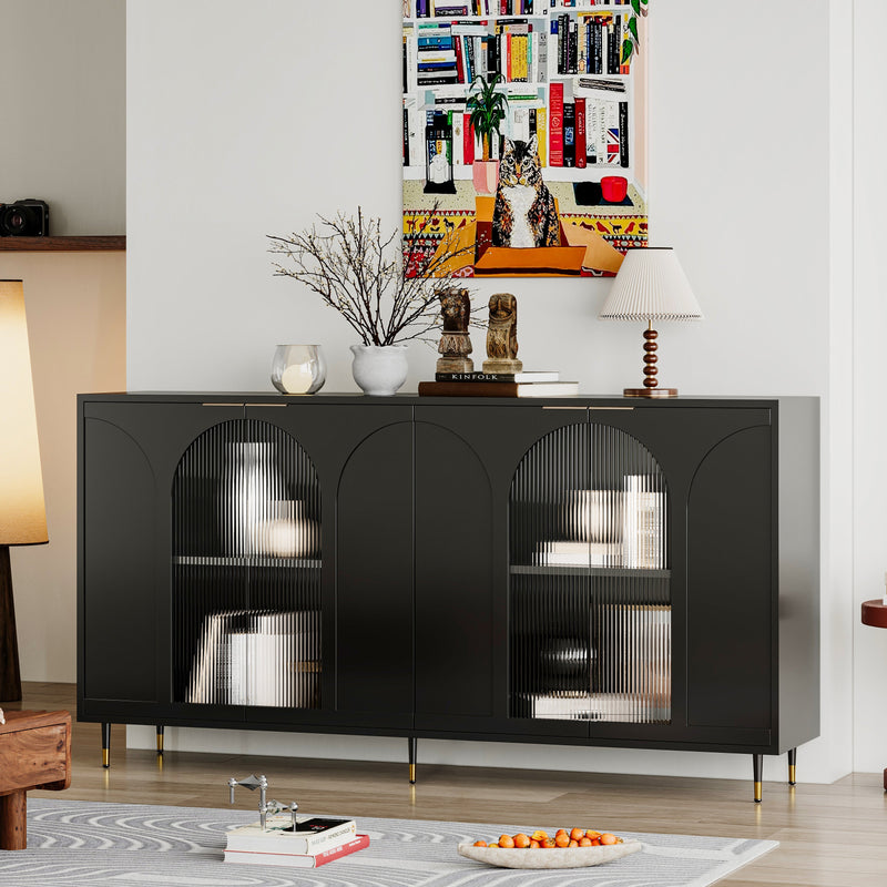 Accent Cabinet Black Lacquered Wooden Cabinet with 4 Glass Doors Sideboard Buffet Server Cabinet Storage Cabinet, for Living Room, Entryway, Hallway, Office, Kitchen and Dining Room - Sonkuki