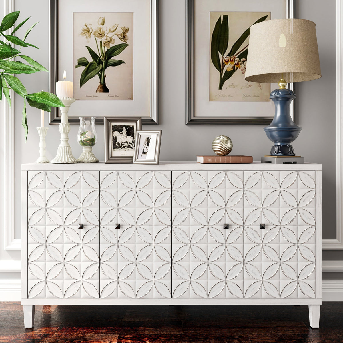 Accent Cabinet Farmhouse Style 4 Door Wooden Cabinet Sideboard Buffet Server Cabinet Storage Cabinet, for Living Room, Entryway, Hallway, Office, Kitchen and Dining Room - Sonkuki