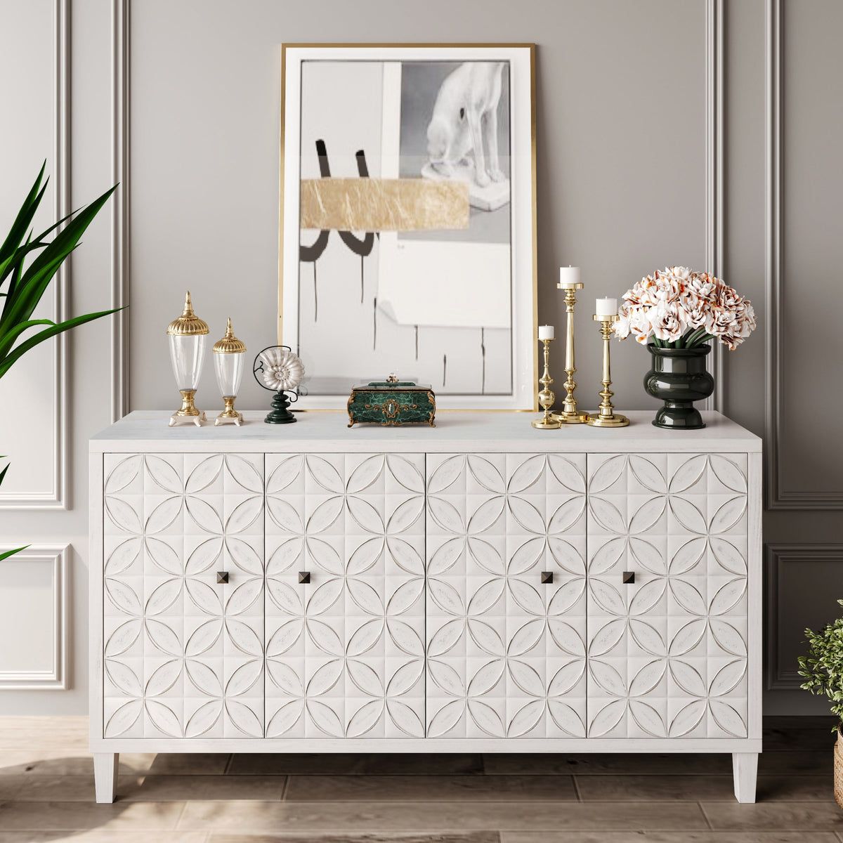 Accent Cabinet Farmhouse Style 4 Door Wooden Cabinet Sideboard Buffet Server Cabinet Storage Cabinet, for Living Room, Entryway, Hallway, Office, Kitchen and Dining Room - Sonkuki