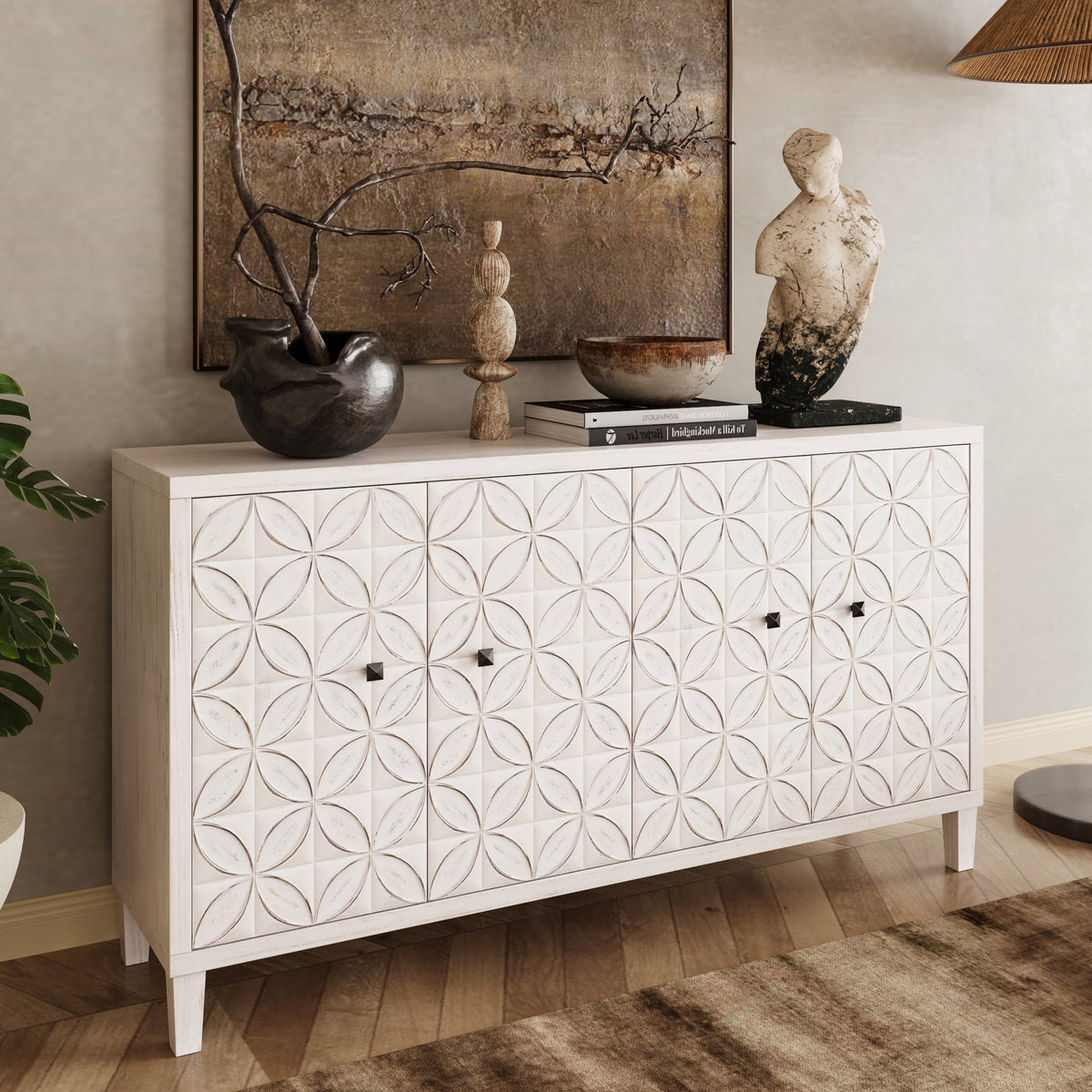 Accent Cabinet Farmhouse Style 4 Door Wooden Cabinet Sideboard Buffet Server Cabinet Storage Cabinet, for Living Room, Entryway, Hallway, Office, Kitchen and Dining Room - Sonkuki