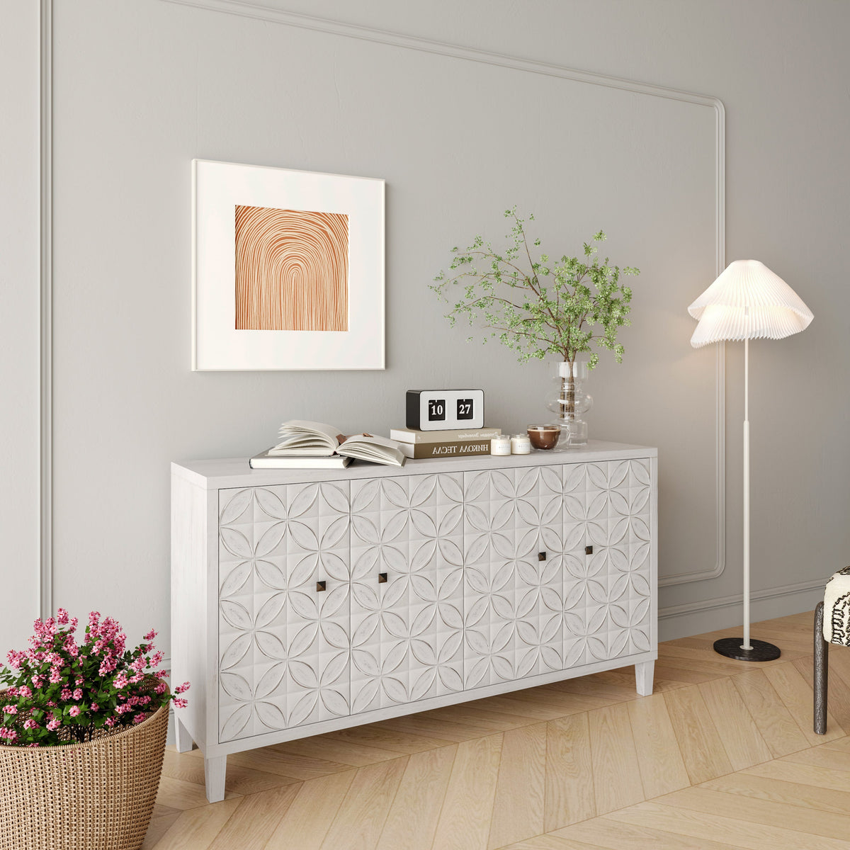 Accent Cabinet Farmhouse Style 4 Door Wooden Cabinet Sideboard Buffet Server Cabinet Storage Cabinet, for Living Room, Entryway, Hallway, Office, Kitchen and Dining Room - Sonkuki