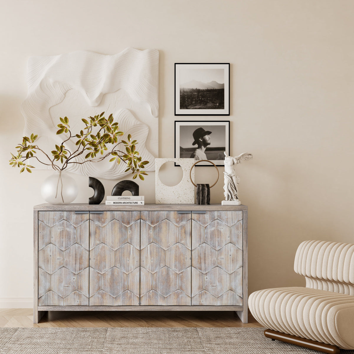 Accent Cabinet Farmhouse Style 4 Door Wooden Cabinet Sideboard Buffet Server Cabinet Storage Cabinet, for Living Room, Entryway, Hallway, Office, Kitchen and Dining Room - Sonkuki