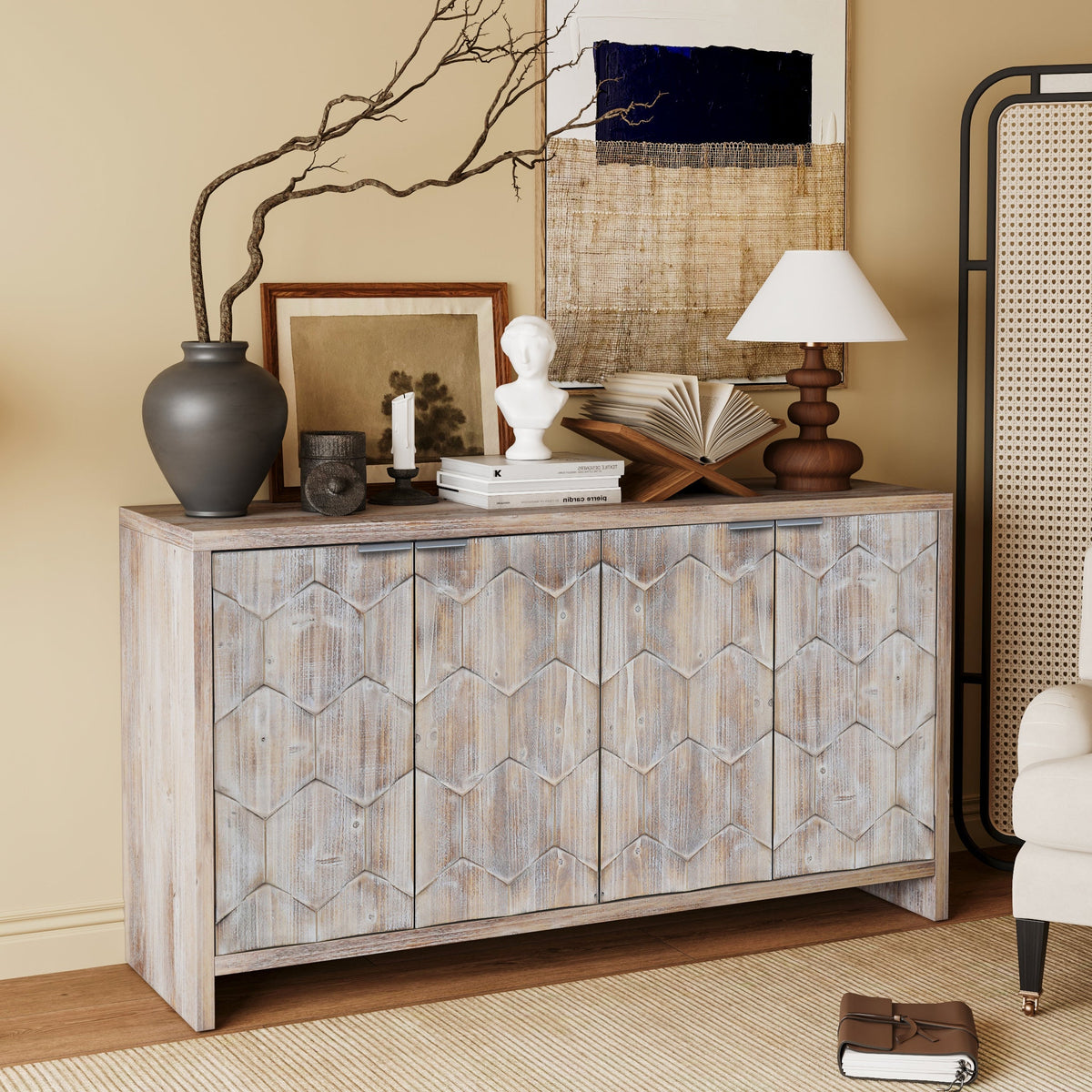 Accent Cabinet Farmhouse Style 4 Door Wooden Cabinet Sideboard Buffet Server Cabinet Storage Cabinet, for Living Room, Entryway, Hallway, Office, Kitchen and Dining Room - Sonkuki