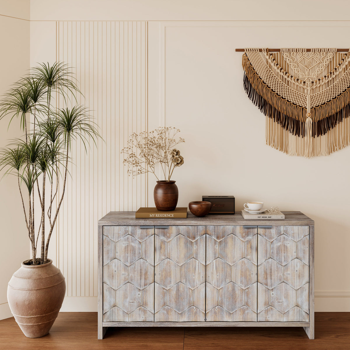 Accent Cabinet Farmhouse Style 4 Door Wooden Cabinet Sideboard Buffet Server Cabinet Storage Cabinet, for Living Room, Entryway, Hallway, Office, Kitchen and Dining Room - Sonkuki