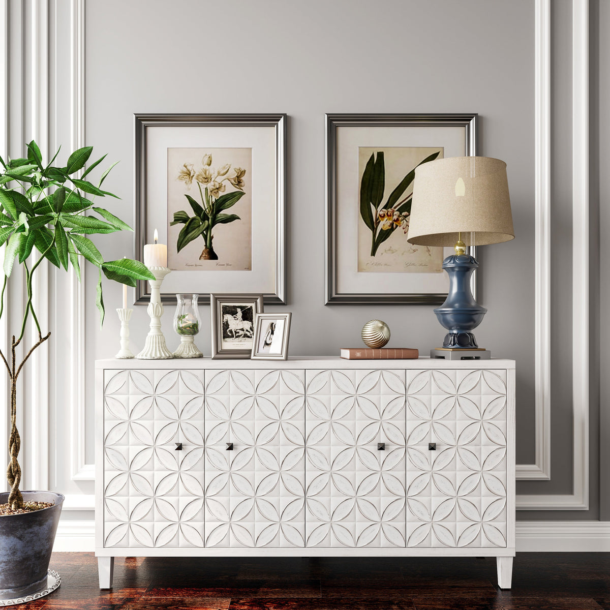 Accent Cabinet Farmhouse Style 4 Door Wooden Cabinet Sideboard Buffet Server Cabinet Storage Cabinet, for Living Room, Entryway, Hallway, Office, Kitchen and Dining Room - Sonkuki