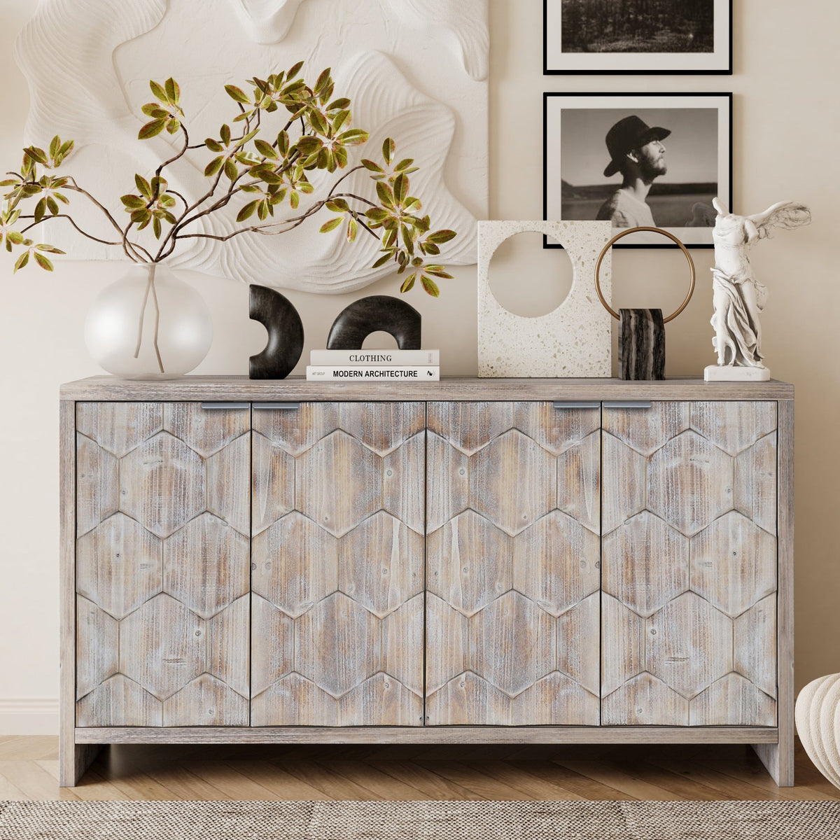 Accent Cabinet Farmhouse Style 4 Door Wooden Cabinet Sideboard Buffet Server Cabinet Storage Cabinet, for Living Room, Entryway, Hallway, Office, Kitchen and Dining Room - Sonkuki