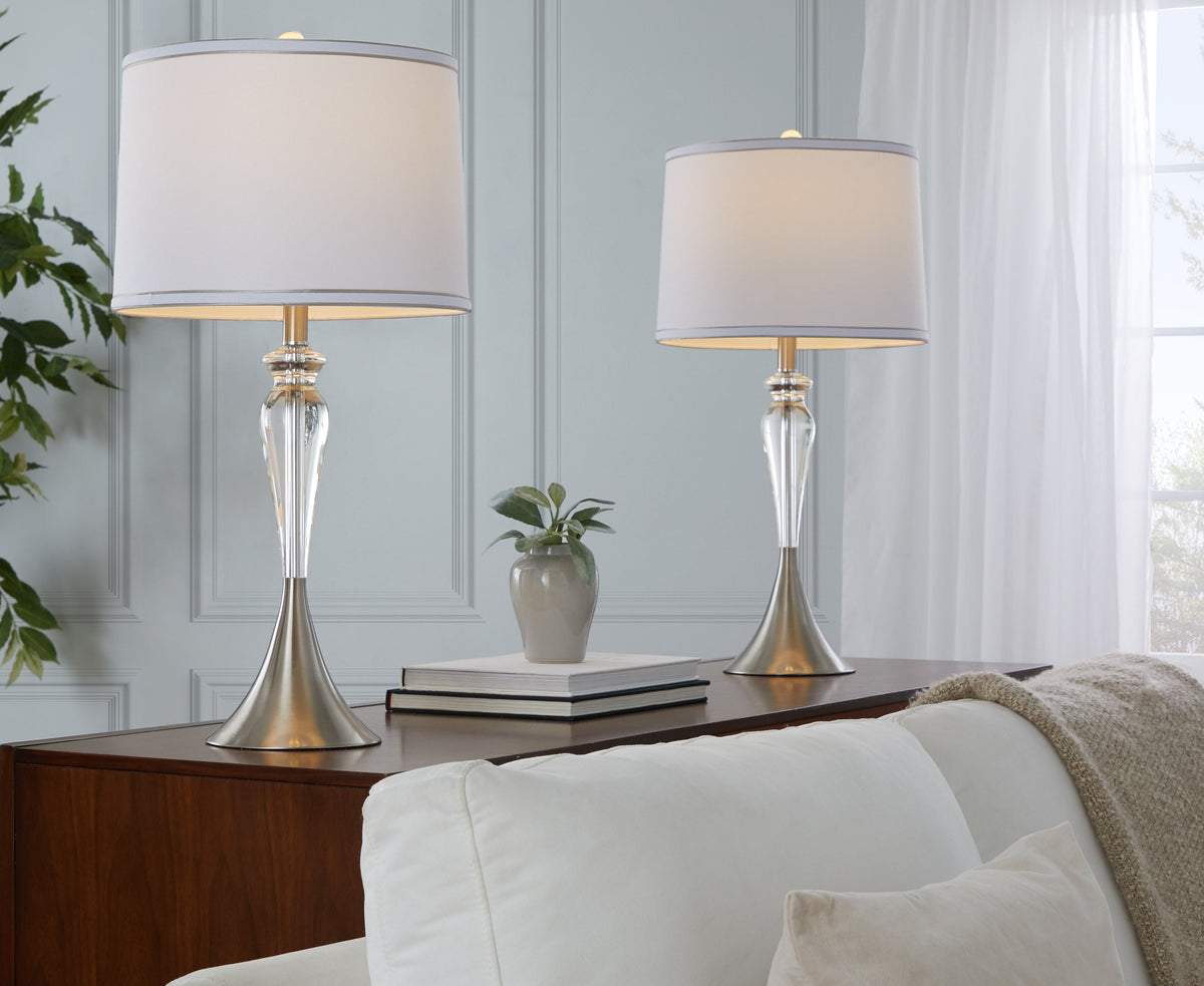 Ashland 28" Contemporary Crystal Table Lamp in Clear Crystal, Brushed Nickel and White Linen Shade with Silver Trim from Grandview Gallery by LumiSource - Set of 2 - Sonkuki