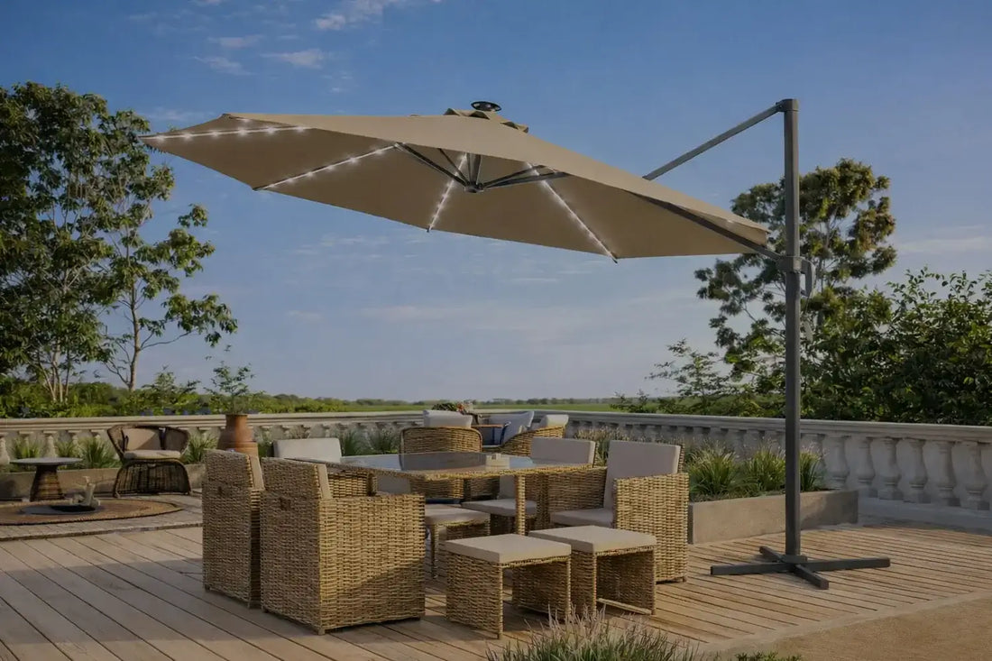 Large cantilever patio umbrella shading an outdoor wicker dining set on a wooden deck