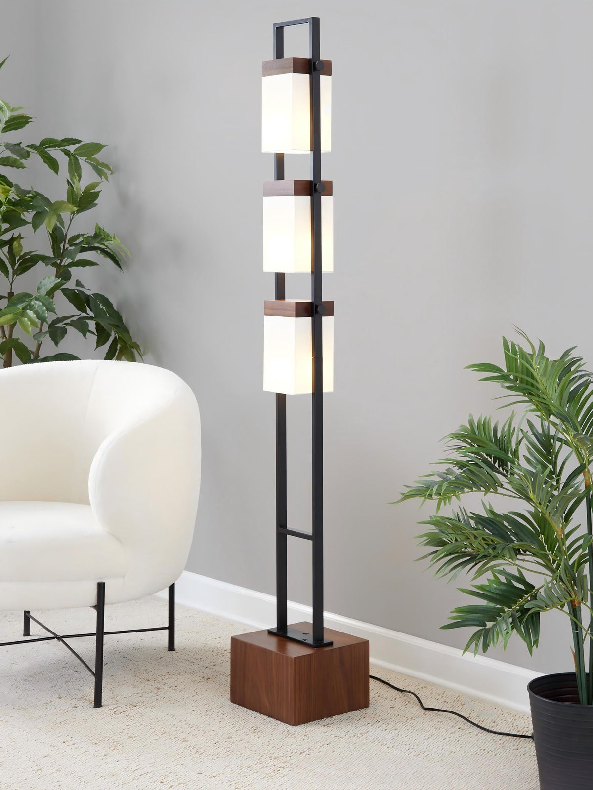 Bento 67" Contemporary Metal Floor Lamp in Black Metal and Walnut Wood with White Shade by LumiSource - Sonkuki