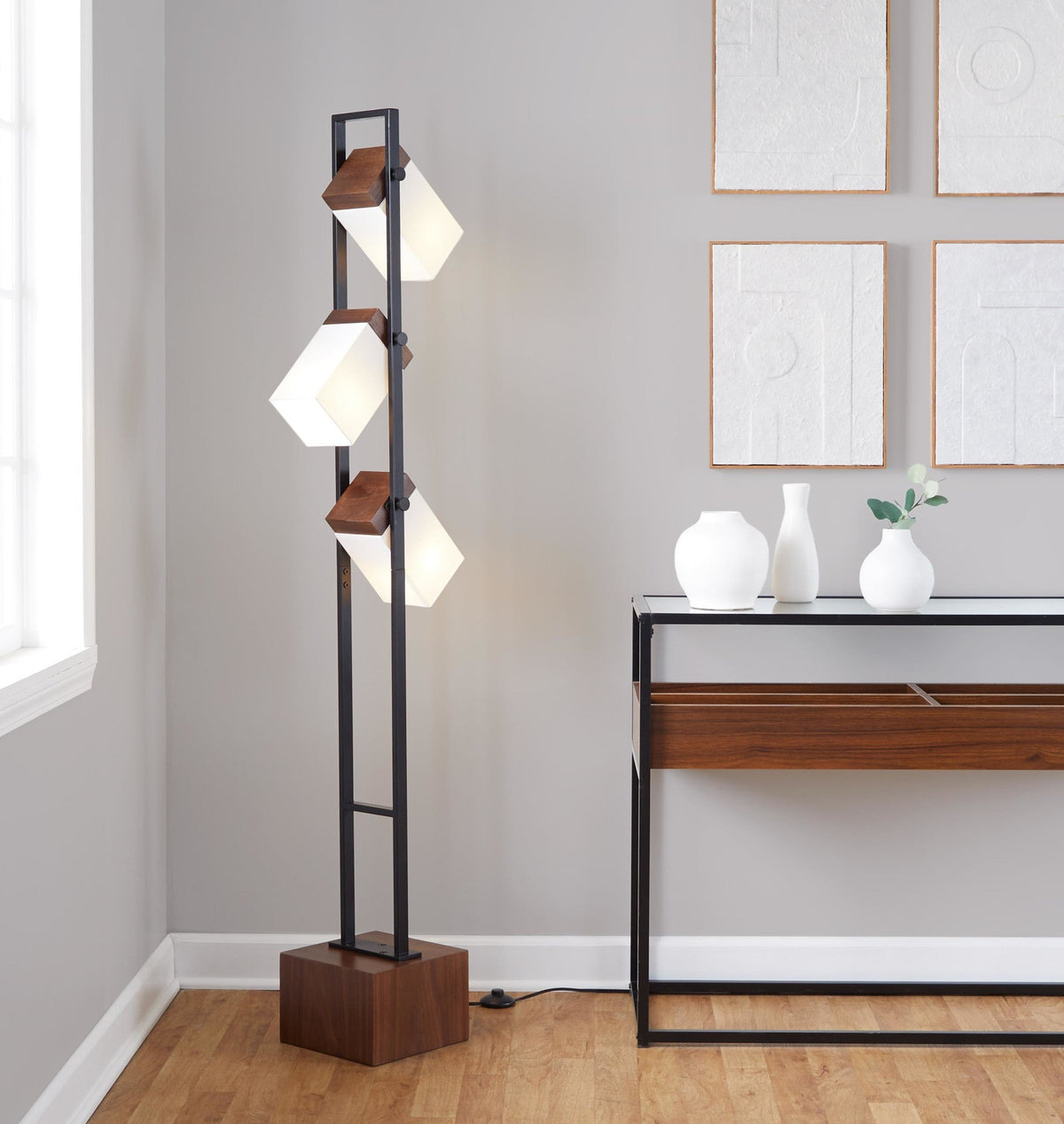 Bento 67" Contemporary Metal Floor Lamp in Black Metal and Walnut Wood with White Shade by LumiSource - Sonkuki