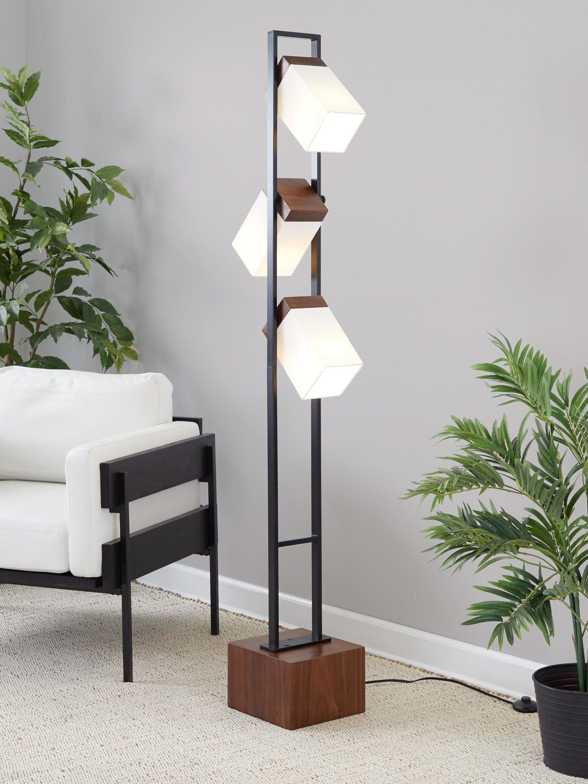 Bento 67" Contemporary Metal Floor Lamp in Black Metal and Walnut Wood with White Shade by LumiSource - Sonkuki