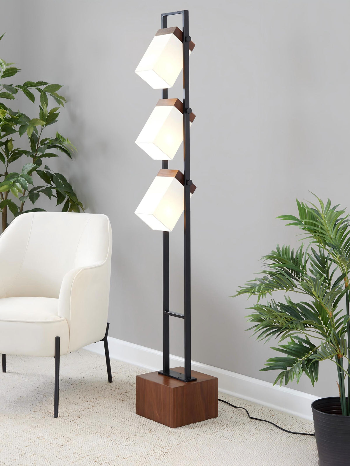Bento 67" Contemporary Metal Floor Lamp in Black Metal and Walnut Wood with White Shade by LumiSource - Sonkuki
