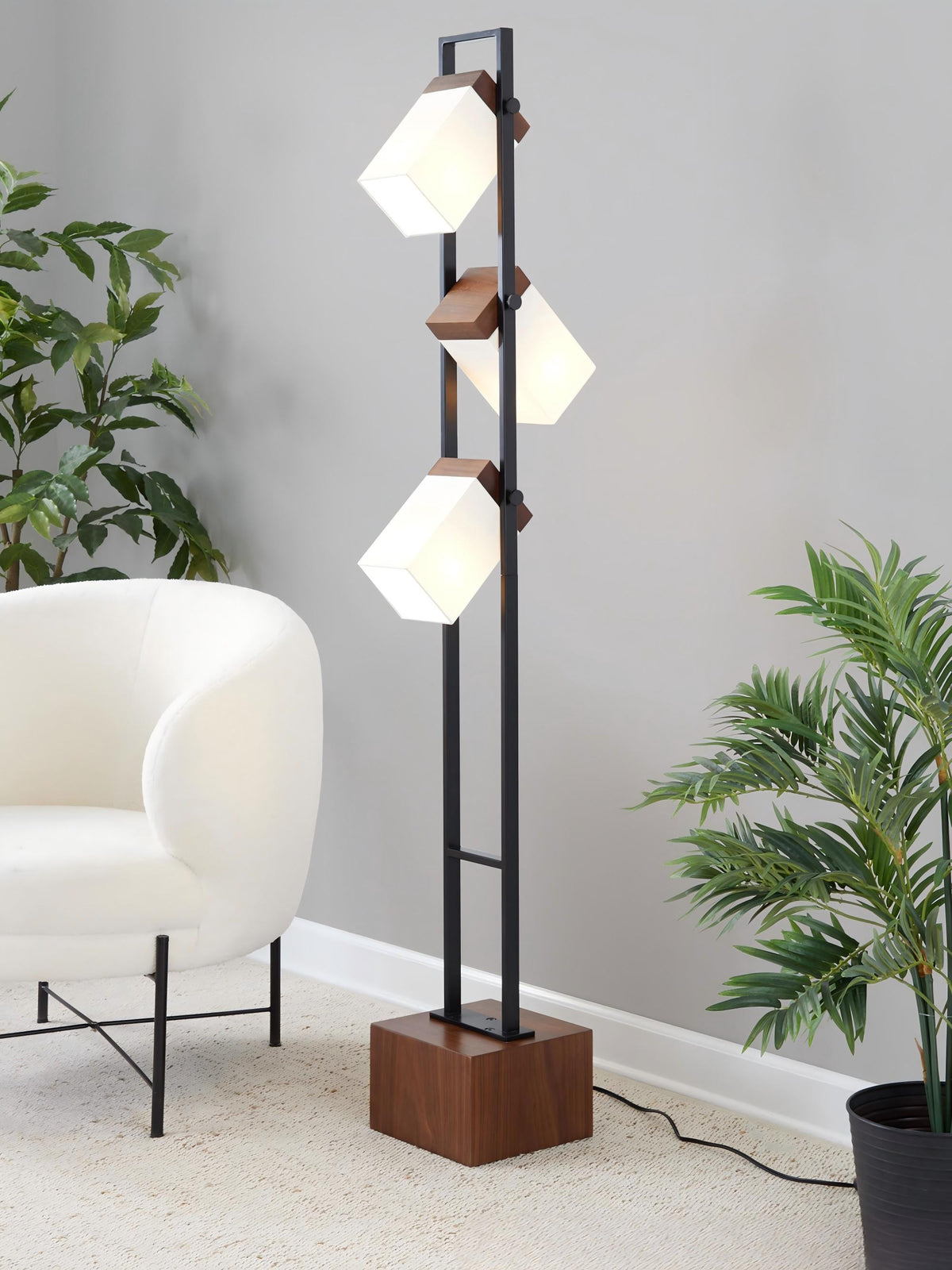 Bento 67" Contemporary Metal Floor Lamp in Black Metal and Walnut Wood with White Shade by LumiSource - Sonkuki