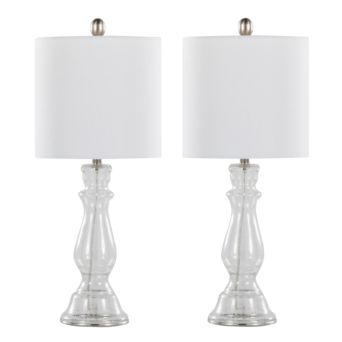 Bishop 24" Contemporary Glass Table Lamp in Clear Seeded Glass, Brushed Nickel and White Linen Shade from Grandview Gallery by LumiSource - Set of 2 - Sonkuki