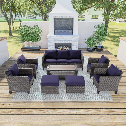 SONKUKI 8-Piece Patio Sofa Set Gray Rattan Outdoor Furniture Set Three-Seat Sofa Ottomans Suiting Backyard, Poolside and Patio.