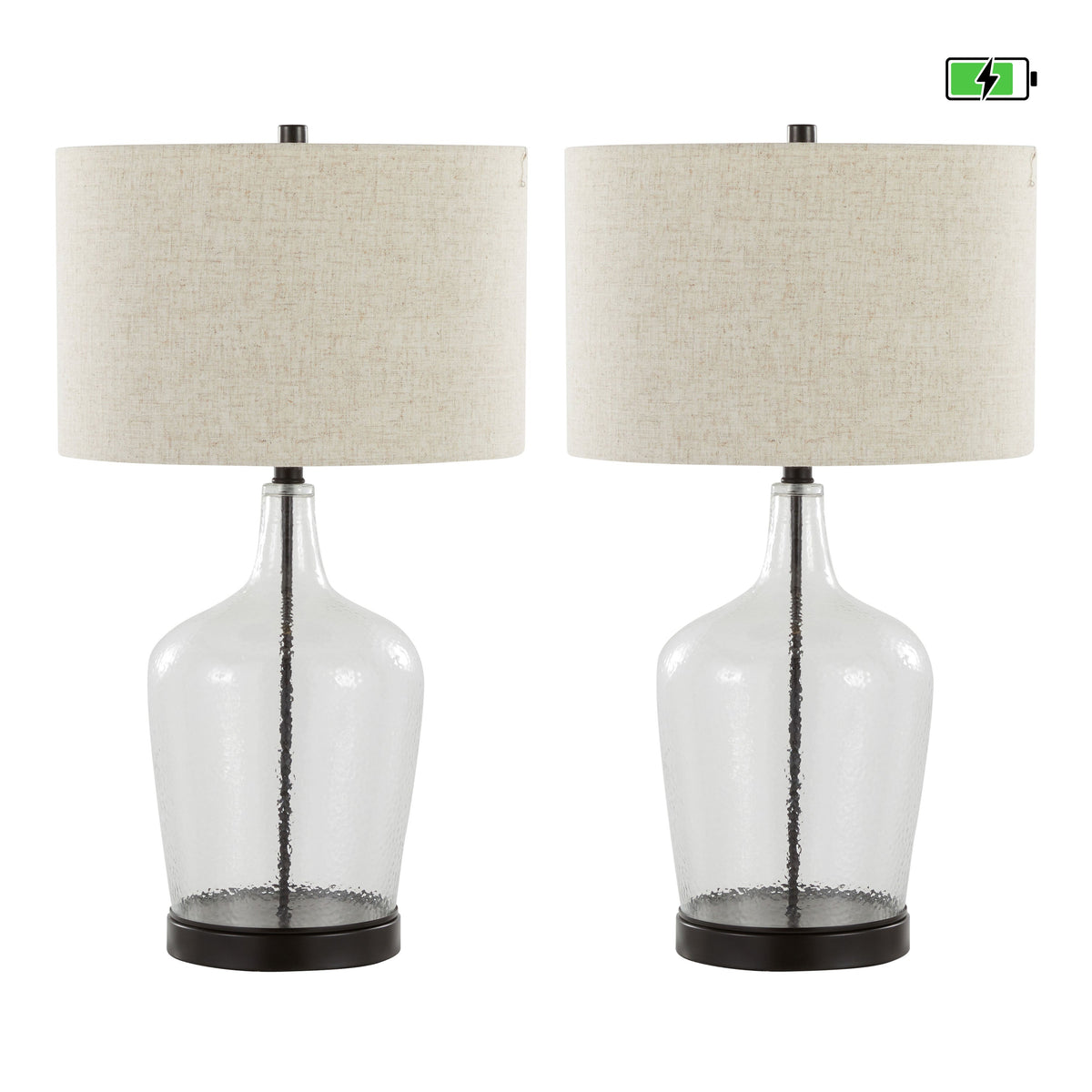 Botella 28" Contemporary Glass Table Lamp in Clear Dimpled Glass and Oil Bronze Metal with Natural Linen Shade and Built-In USB Port from Grandview Gallery by LumiSource - Set of 2 - Sonkuki