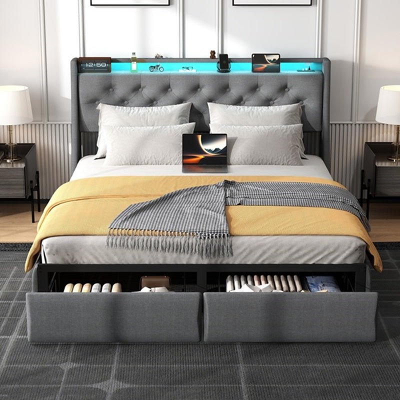Button-Tufted Upholstered Storage Bed with Drawers, RGB LED Lights and Charging Station - Sonkuki