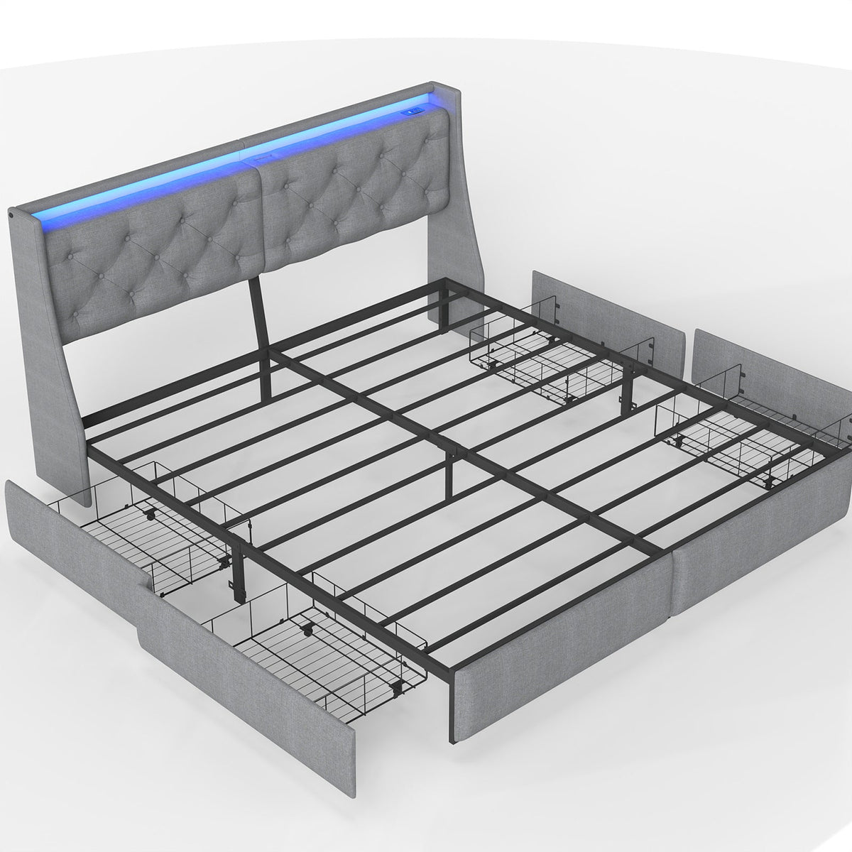 Button-Tufted Upholstered Storage Bed with Drawers, RGB LED Lights and Charging Station - Sonkuki