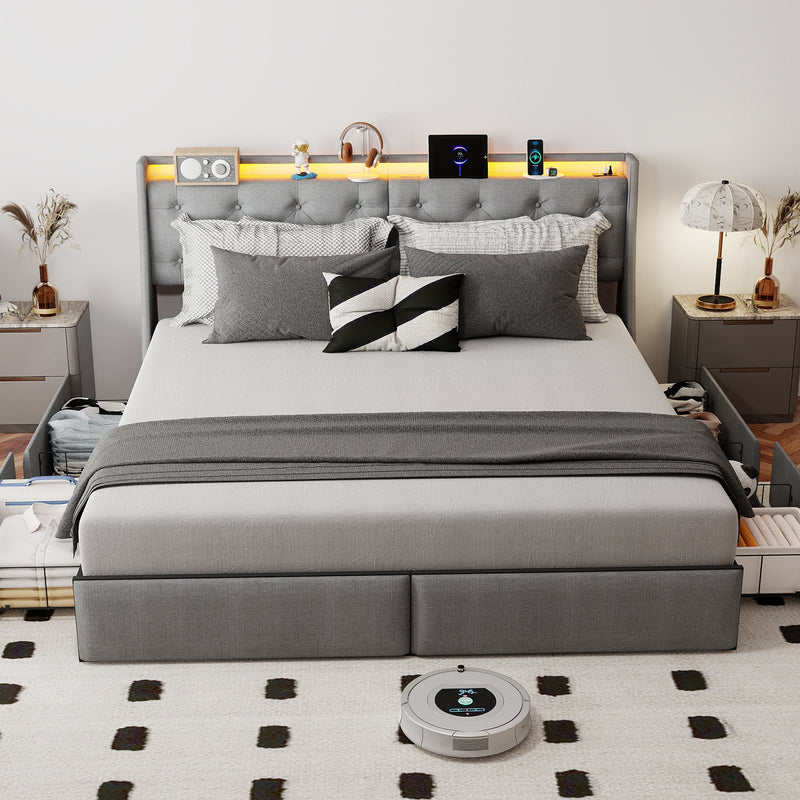 Button-Tufted Upholstered Storage Bed with Drawers, RGB LED Lights and Charging Station - Sonkuki