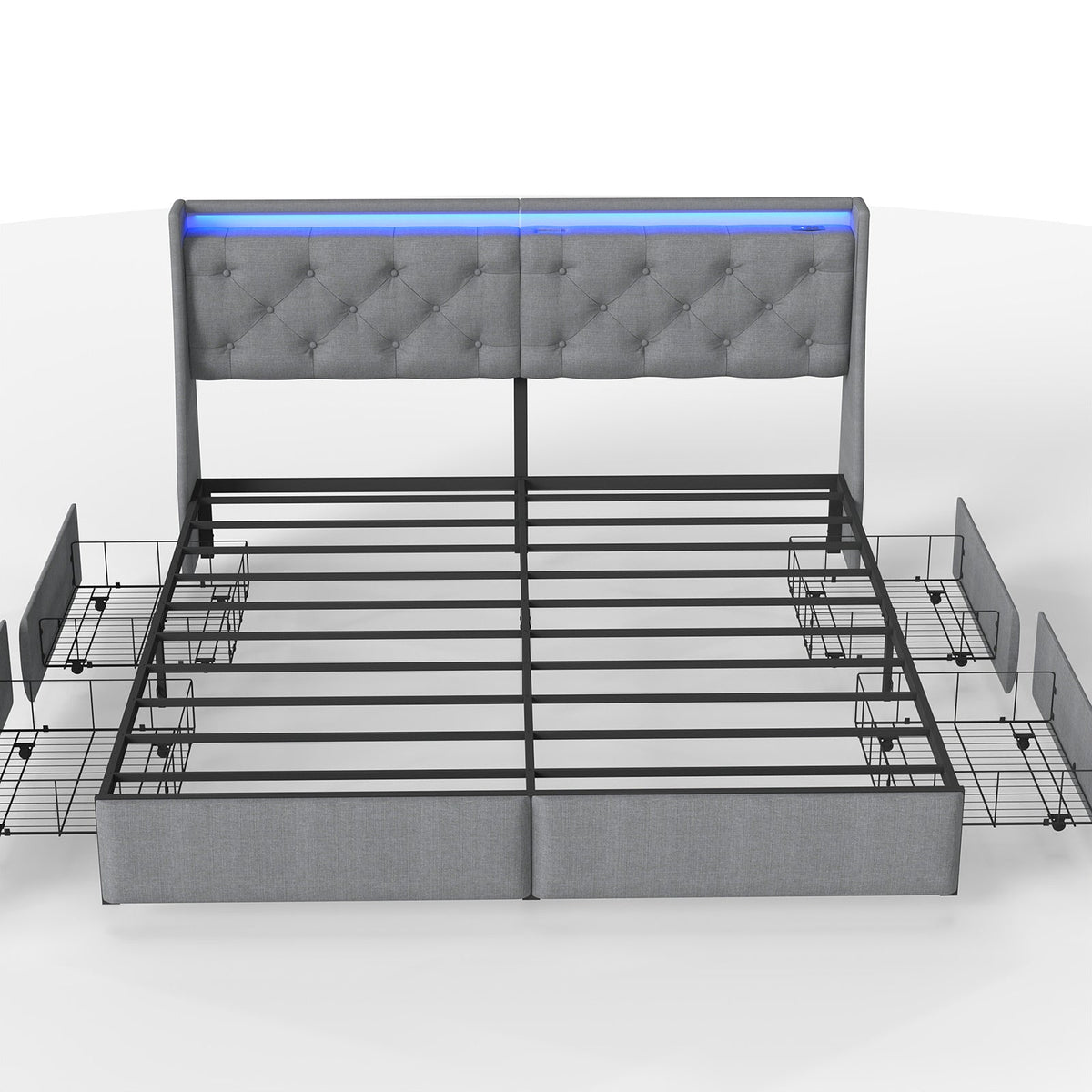 Button-Tufted Upholstered Storage Bed with Drawers, RGB LED Lights and Charging Station - Sonkuki