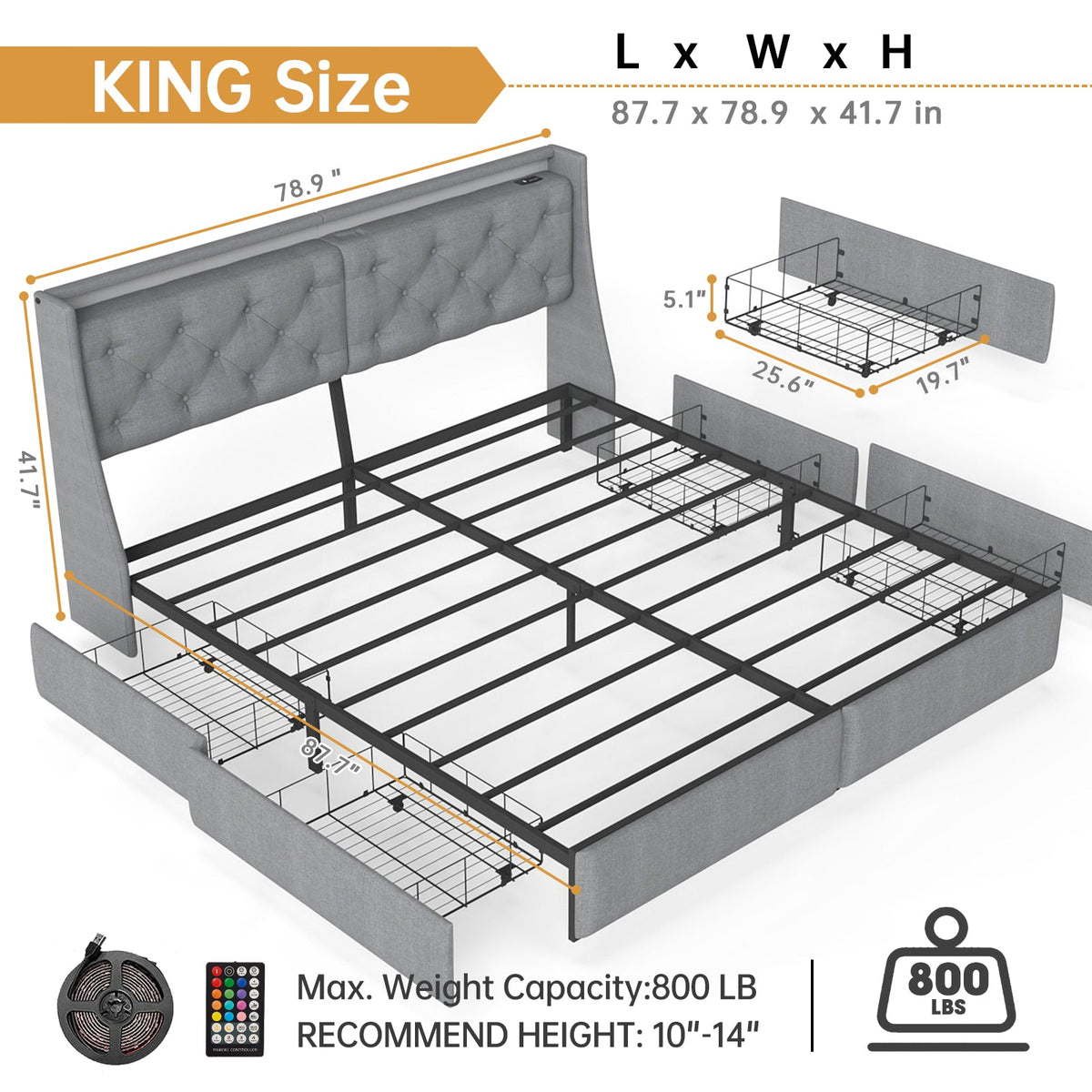 Button-Tufted Upholstered Storage Bed with Drawers, RGB LED Lights and Charging Station - Sonkuki