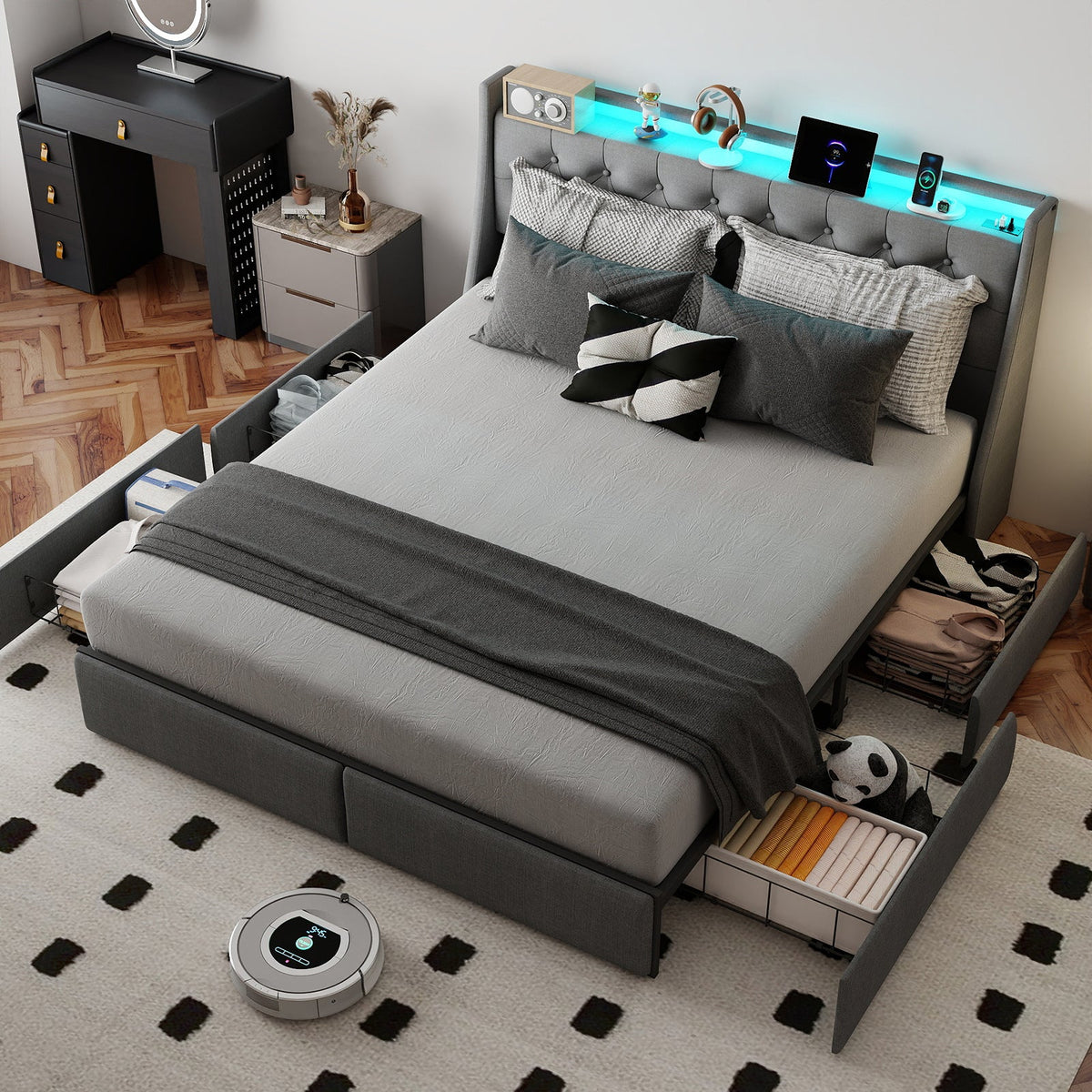 Button-Tufted Upholstered Storage Bed with Drawers, RGB LED Lights and Charging Station - Sonkuki