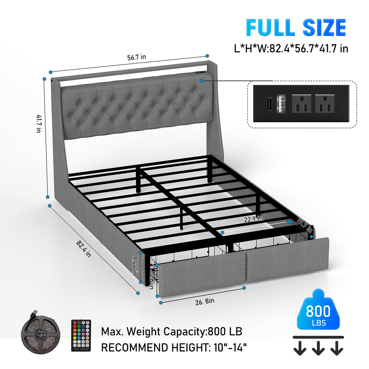 Button-Tufted Upholstered Storage Bed with Drawers, RGB LED Lights and Charging Station - Sonkuki