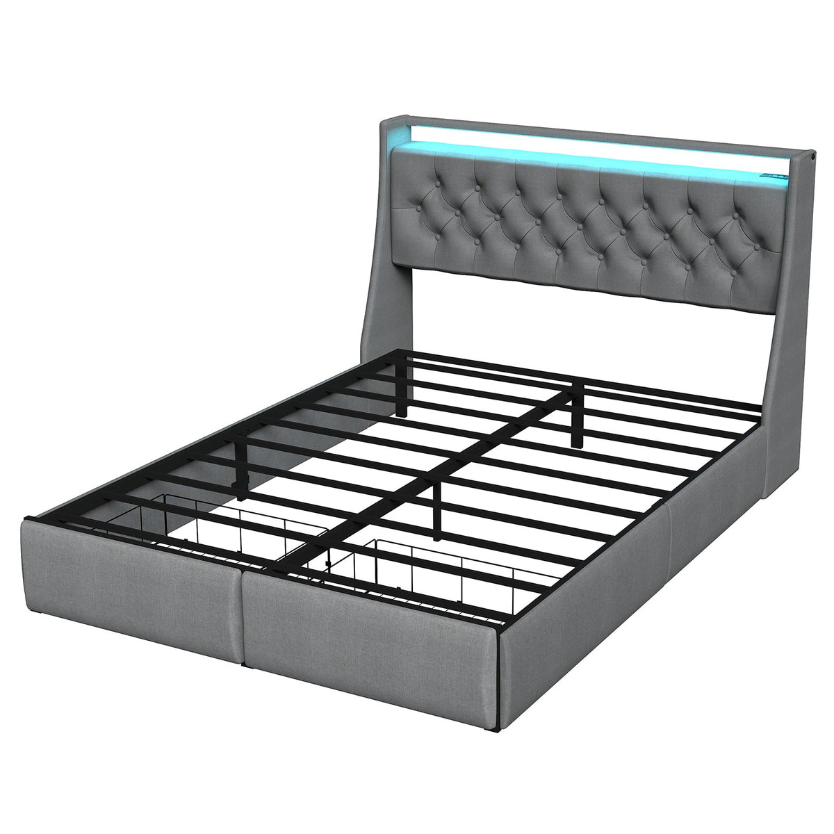 Button-Tufted Upholstered Storage Bed with Drawers, RGB LED Lights and Charging Station - Sonkuki