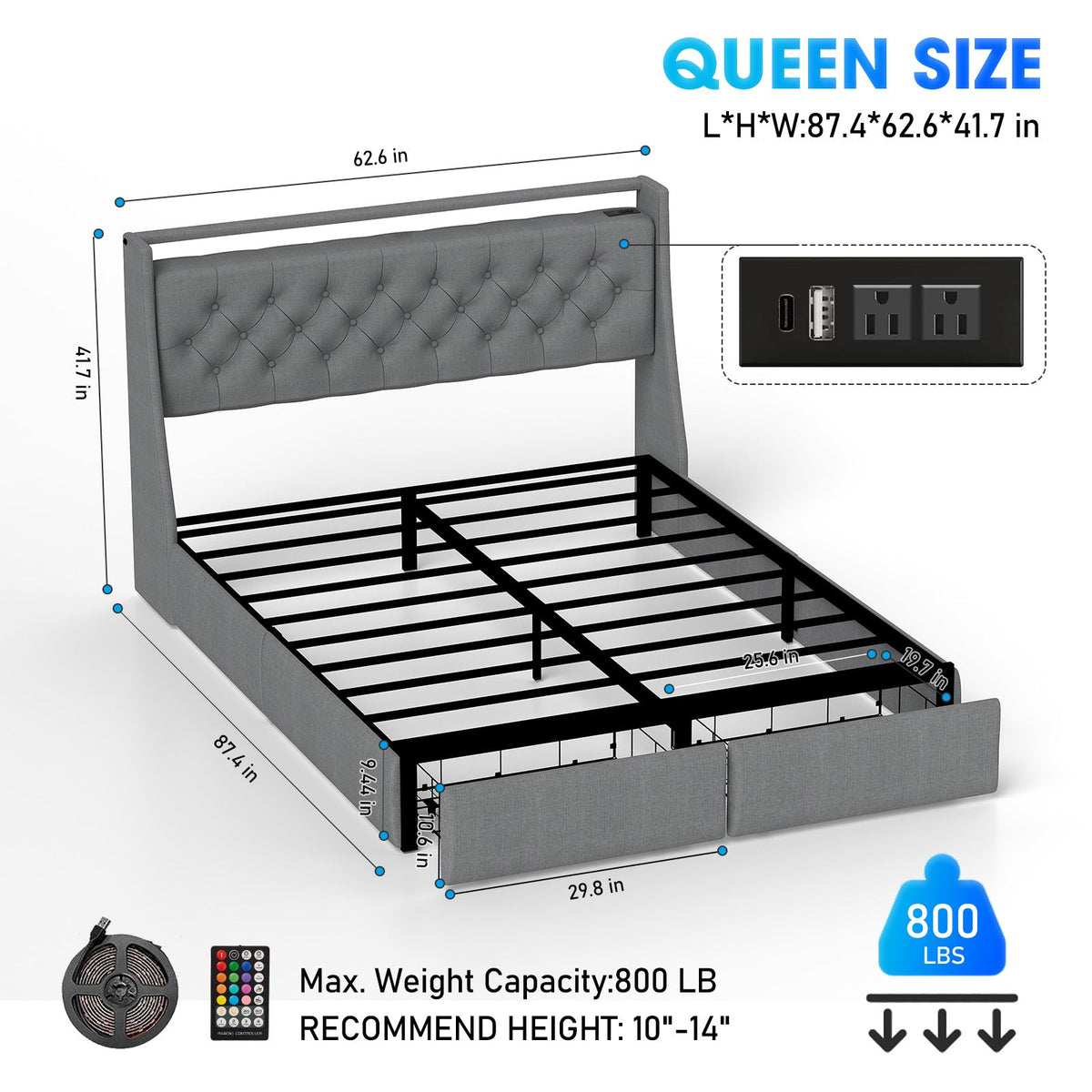Button-Tufted Upholstered Storage Bed with Drawers, RGB LED Lights and Charging Station - Sonkuki