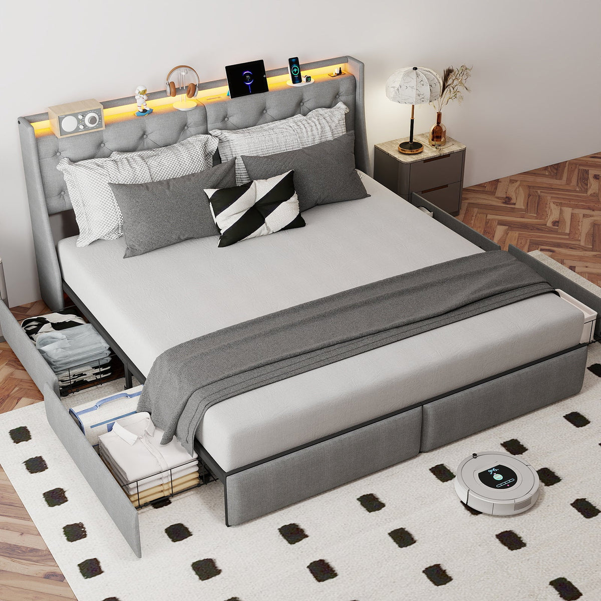 Button-Tufted Upholstered Storage Bed with Drawers, RGB LED Lights and Charging Station - Sonkuki