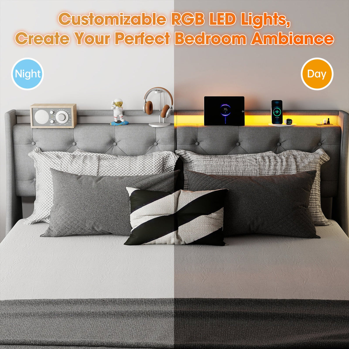 Button-Tufted Upholstered Storage Bed with Drawers, RGB LED Lights and Charging Station - Sonkuki