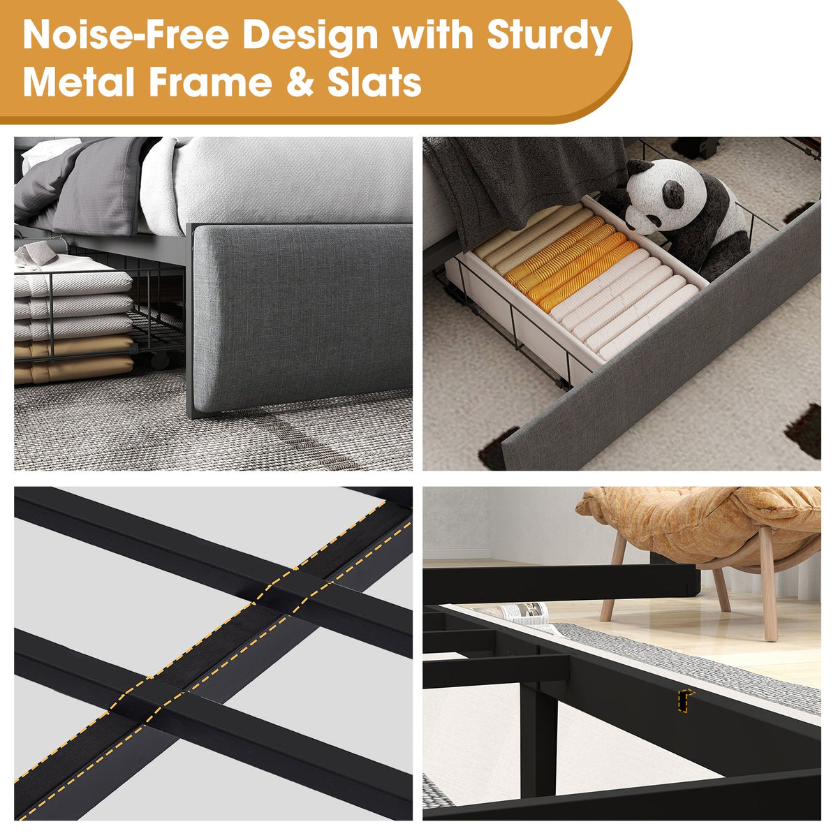 Button-Tufted Upholstered Storage Bed with Drawers, RGB LED Lights and Charging Station - Sonkuki