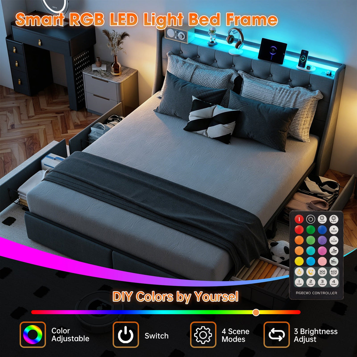 Button-Tufted Upholstered Storage Bed with Drawers, RGB LED Lights and Charging Station - Sonkuki