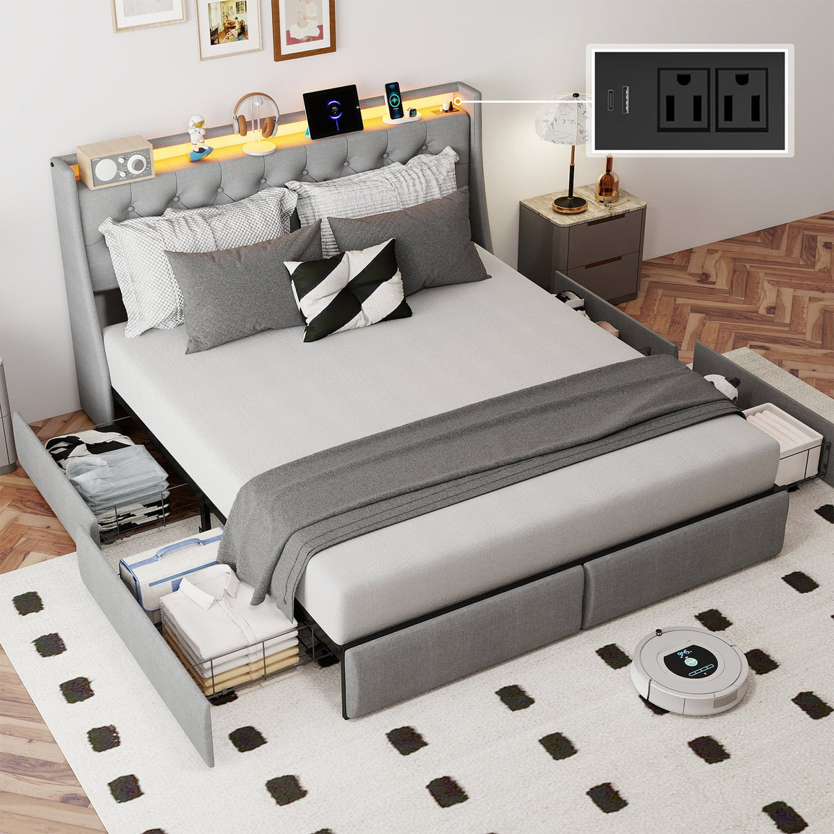 Button-Tufted Upholstered Storage Bed with Drawers, RGB LED Lights and Charging Station - Sonkuki